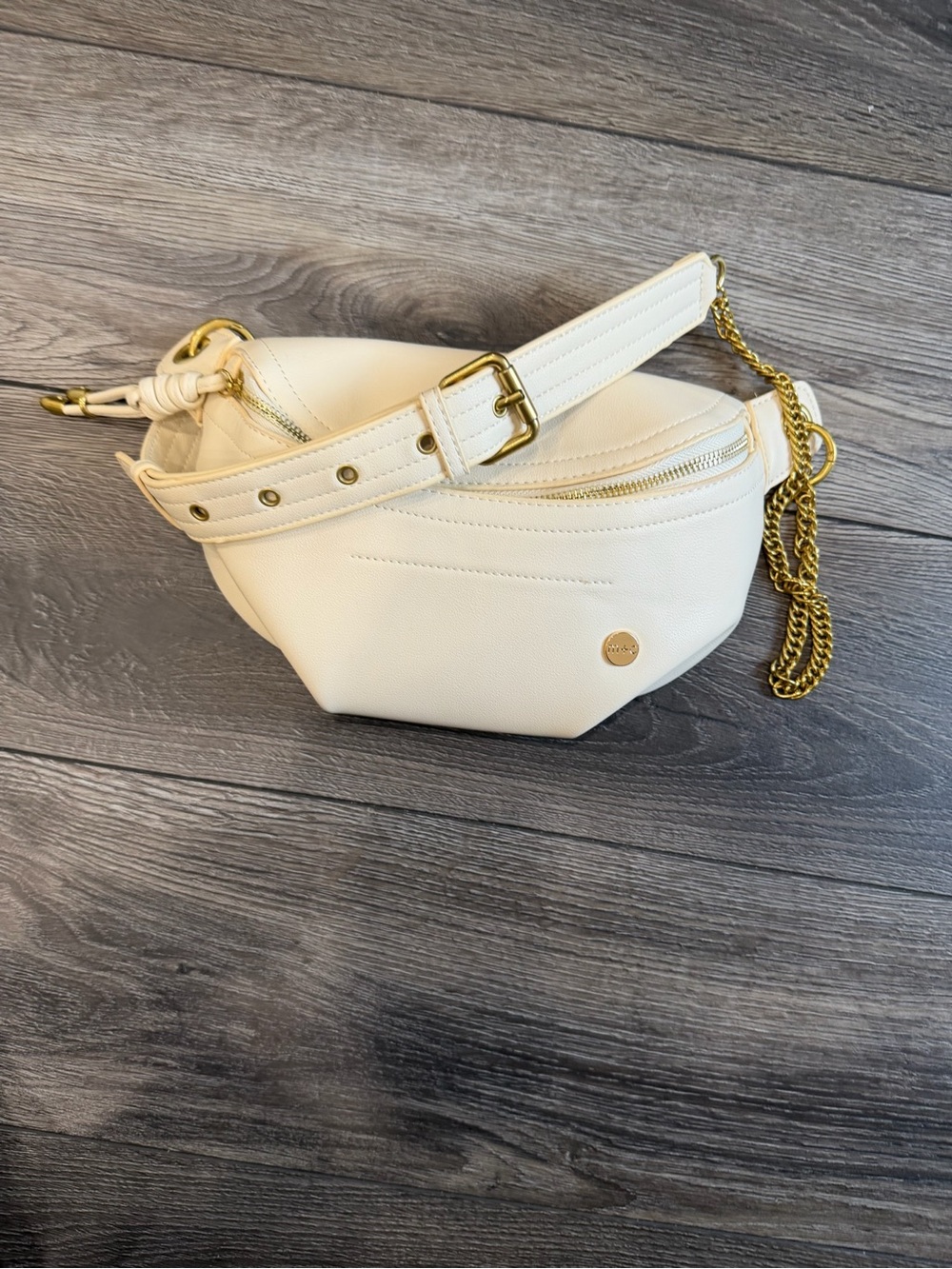 Cream Leather Waist Bag with Gold Chain Accent